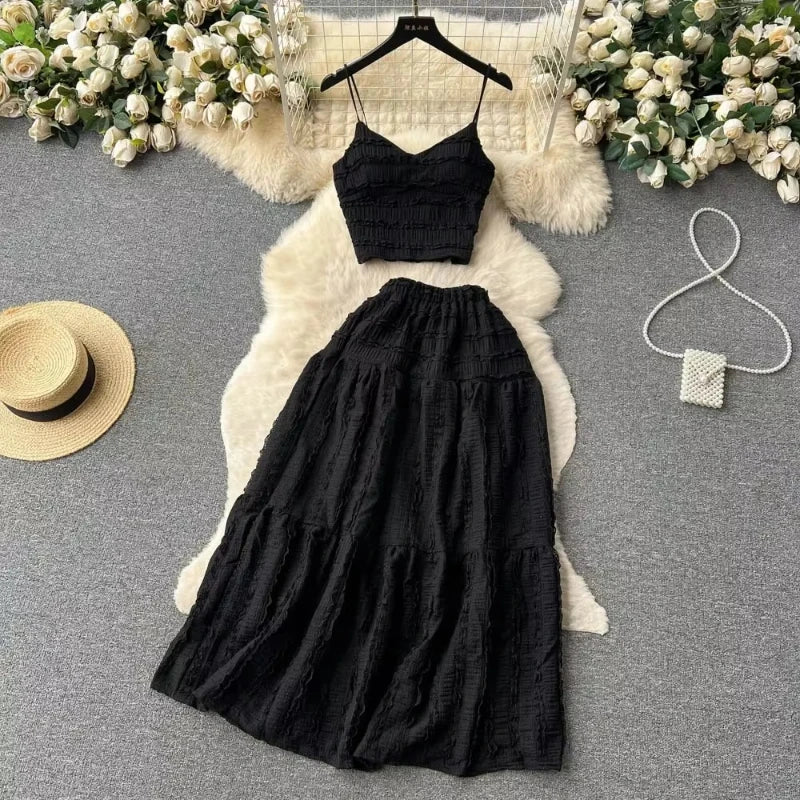 ITOOLIN Women Sexy Camisole+A Line Long Skirt Fashion Elastic Bohemian Suits Woman Summer Lace Patchwork Beach Two Pieces Sets